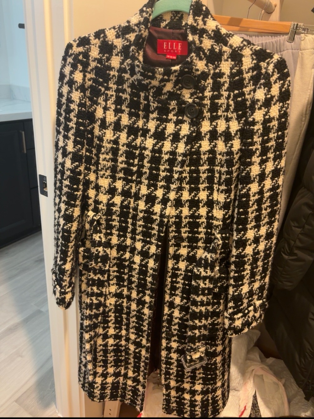 ELLE Black and White Houndstooth Pea Coat